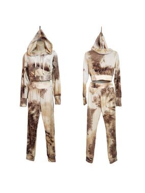 Tic Toc Tie Dye 2-Piece Cropped Hoodie Jogger Set Brown Beige Small